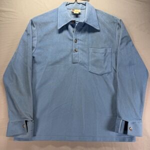 Vintage 70s Sears Kings Road Long Sleeve Polo Medium Blue Terry Towel Cloth